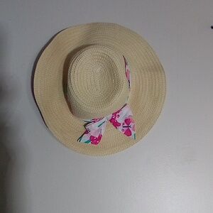 Gymboree Cream Straw Sun Hat with Pink Floral Tie 2T-3T